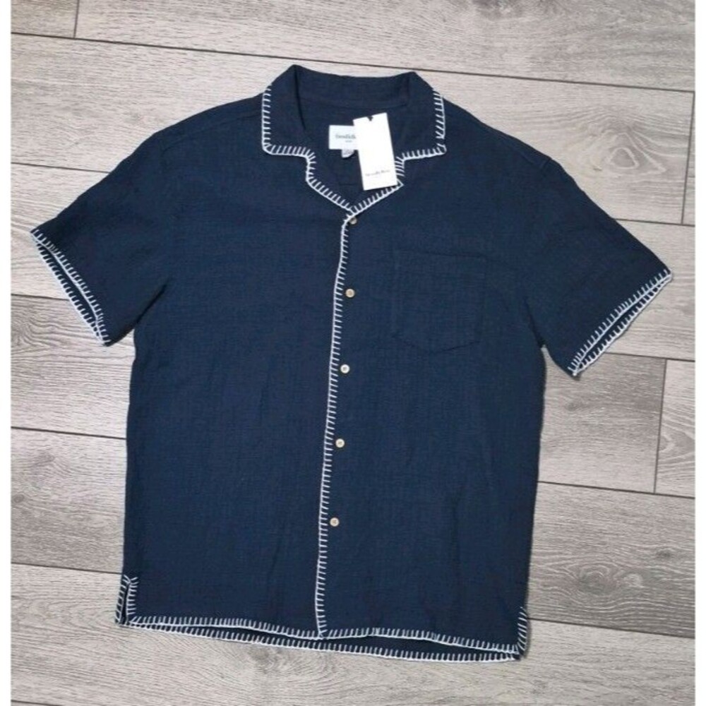 Men's Short Sleeve Blue Button-Down Camp Shirt - Goodfellow & Co Size Medium